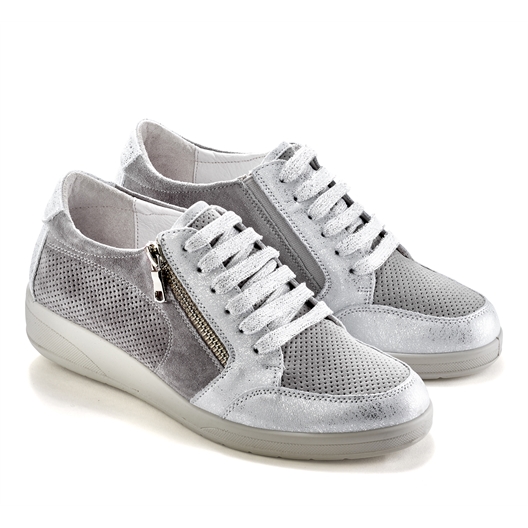 Baskets "Léonie" Fleurs, Blanc/Métal ou Gris