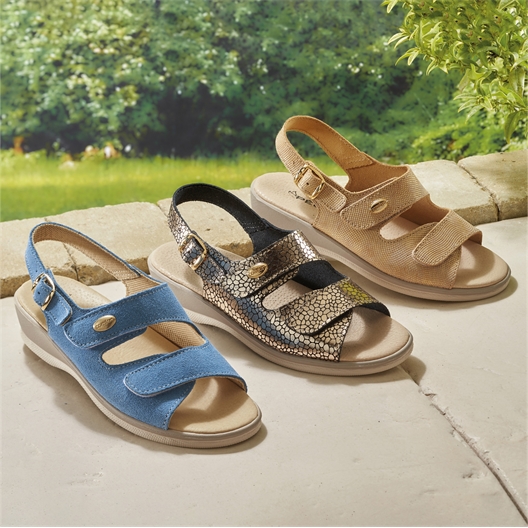 Sandales confort dorés, beiges ou bleues